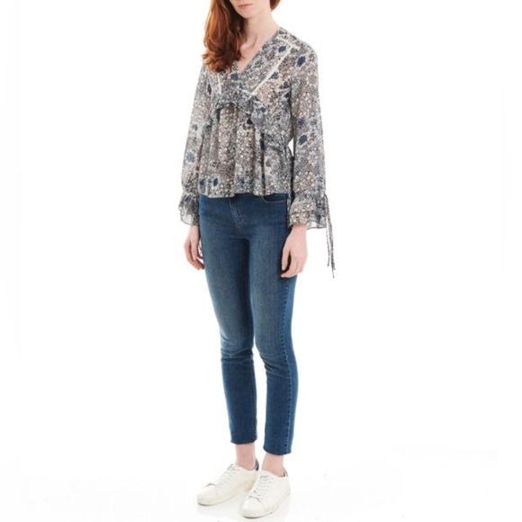 {Suncoo Paris} Blue Floral Print Blouse with Tassle Details - Size XS - Picture 3 of 17